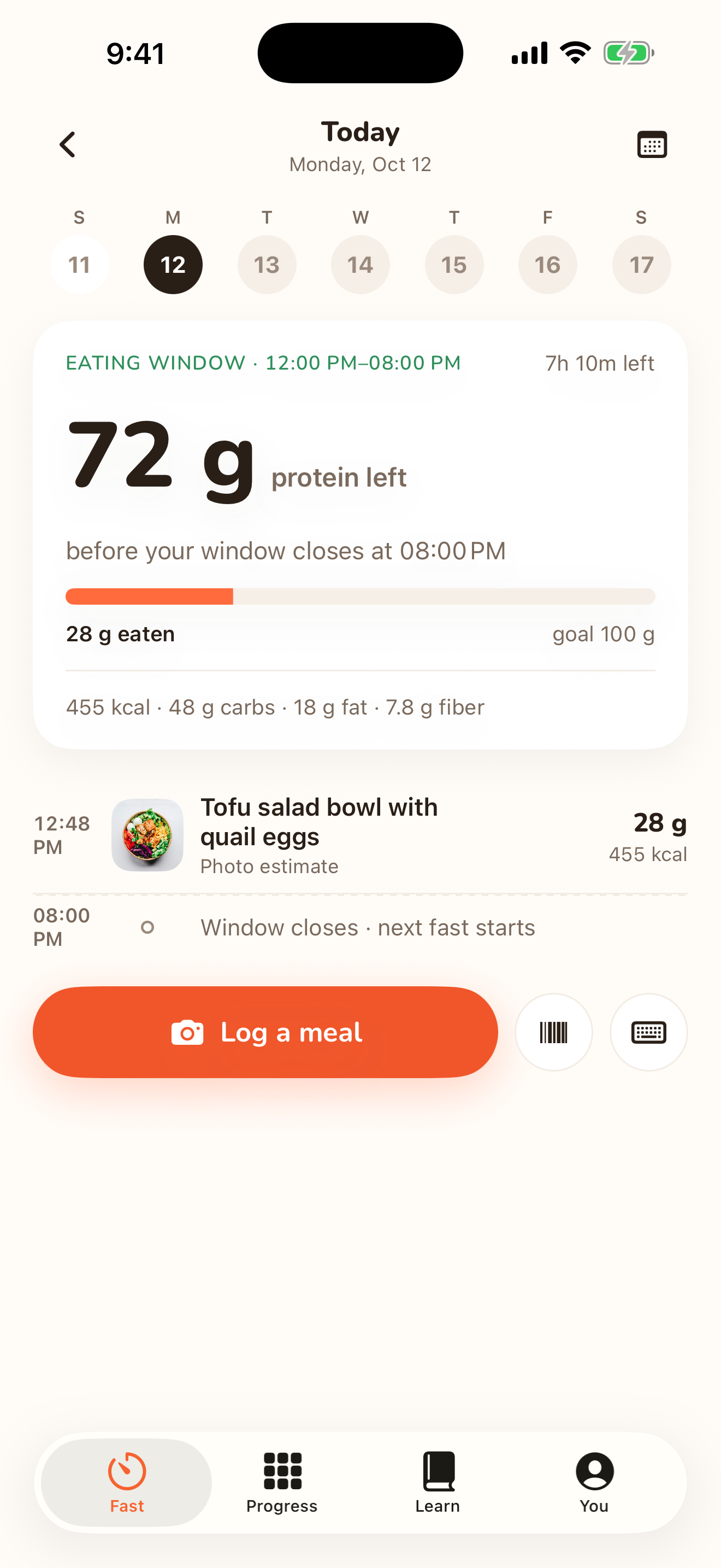 Sunwick's eating window log showing meals and progress toward a protein goal