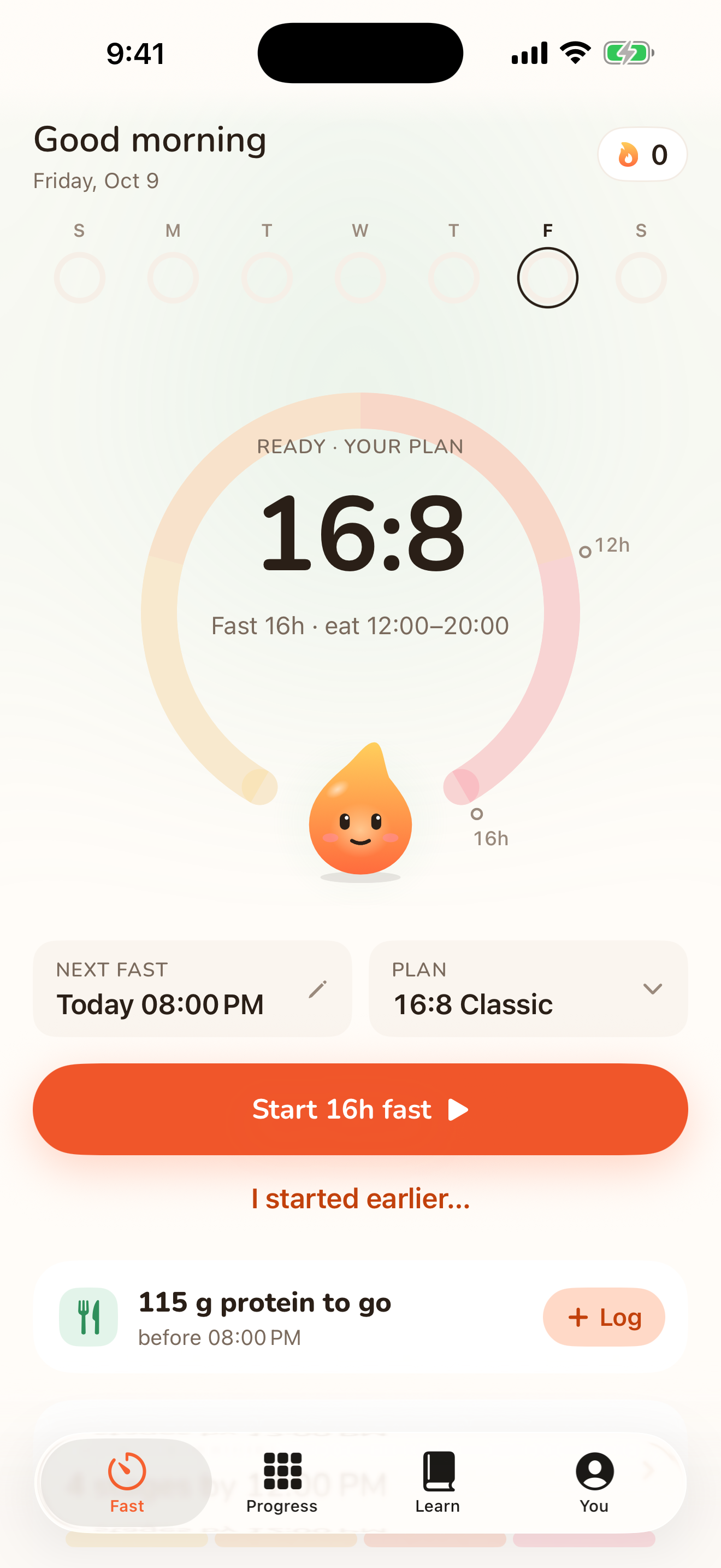 Sunwick's 16:8 fasting timer, with a warm circular clock and a smiling flame buddy
